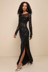 Sheer Fascination Black Sheer Mesh Sequin Fringe Maxi Dress