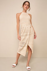 Blissful Strolls Beige Crochet Faux-Wrap Halter Midi Dress