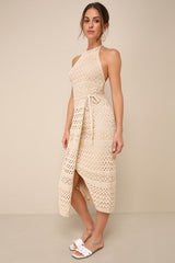 Blissful Strolls Beige Crochet Faux-Wrap Halter Midi Dress