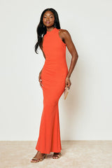 Damaris Bright Orange Mock Neck Backless Maxi Dress