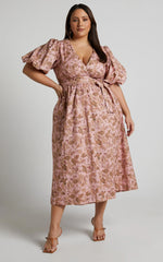 Amalie The Label - Franc Linen Puff Sleeve Wrap Midi Linen Dress - Int
