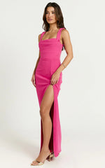 Donna Maxi Dress - Cowl Neck Column High Split Dress In Hot Pink