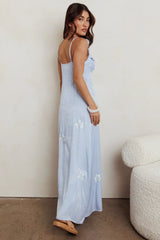 Hibiscus Ruffle A-Line Maxi Dress Blue