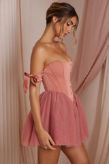 Off Shoulder Tulle Skirt Mini Dress In Terracotta