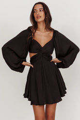 Miraya Balloon Sleeve Twist Mini Dress Black