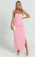 Avery Midi Dress - Strapless Draped Side Split Dress In Pink