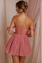 Off Shoulder Tulle Skirt Mini Dress In Terracotta