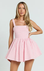 Caitlin Mini Dress - Gingham Square Neck Fit And Flare Dress In Pink