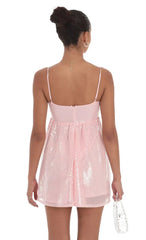 Sequin Front Bow Babydoll Dress In Pink