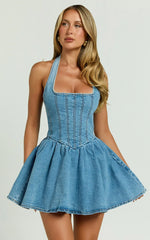 Hayes Mini Dress - Halter Neck Corset Bodice Dress In Mid Blue Wash