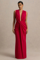 Serafina | Red Extreme-Plunge Maxi Dress With Ruched Detailing And Open-Back