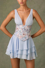 Embellished Ruffled Corset Mini Dress in Floral Blue