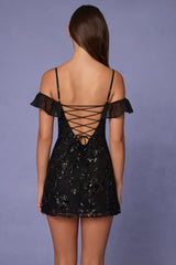 Embellished Lace-Up A-Line Mini Dress in Black