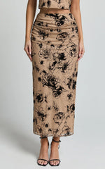 Athena Midi Skirt - Floral Mesh High Waist Skirt In Brown And Black Burnout