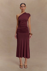 Chloe Peached Jersey One Shoulder Midi Dress - Mahogany