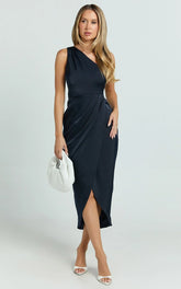 Felt So Happy Midi Dress - One Shoulder Drape Dress In Navy