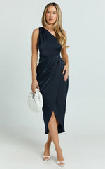 Felt So Happy Midi Dress - One Shoulder Drape Dress In Navy