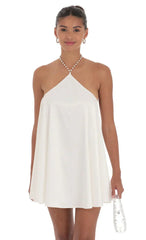 Pearl Halter Shift Dress In White