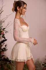Long Sleeve Lace Corset Mini Dress In Ivory