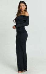 Emilie Maxi Dress - Off Shoulder Long Sleeve Ruched Jersey Dress In Black