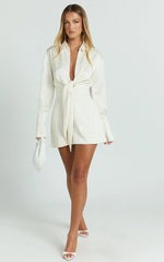 Paola Mini Dress - Tie Front Collared Skirt Dress In Off White