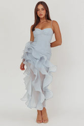 Charmayne Asymmetric Ruffle Trim Maxi Dress Blue
