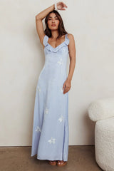 Hibiscus Ruffle A-Line Maxi Dress Blue