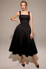 Black Textured Satin Corset Midi Dress