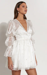 Solanna Mini Dress - Long Puff Sleeve V Neck Dress In White