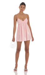 Sequin Front Bow Babydoll Dress In Pink