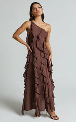 Britney Maxi Linen Dress - One Shoulder Ruffle Detail Dress In Chocolate