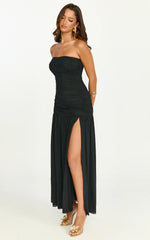 Marguerite Maxi Dress - Strapless Ruched Mesh High Leg Split Dress In Black