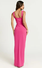 Donna Maxi Dress - Cowl Neck Column High Split Dress In Hot Pink