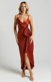 How Will I Know Midi Dress - Wrap Waist Tie Tulip Hem Dress In Copper