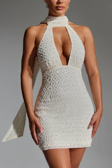 Embellished Scarf-Detail Halterneck Mini Dress In White