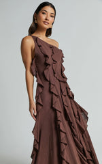 Britney Maxi Linen Dress - One Shoulder Ruffle Detail Dress In Chocolate