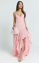 Maeve Maxi Dress - V Neck Ruffle Tier Slip Dress In Pink