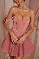 Off Shoulder Tulle Skirt Mini Dress In Terracotta