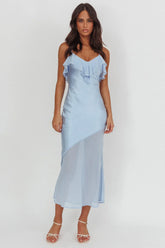 Talula Sheer Hem Ruffle Midi Dress Blue