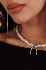 Daydream Bow Accent Pearl Necklace Silver