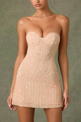 Embellished Sweetheart-Neck A-Line Mini Dress in Apricot