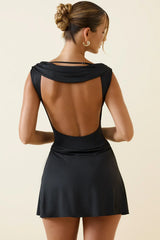 Draped Open-Back A-Line Mini Dress In Black