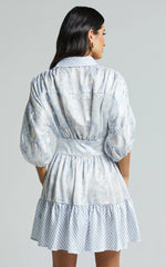 Amabella Mini Dress - 3/4 Sleeve Collared Button Up Dress In Blue
