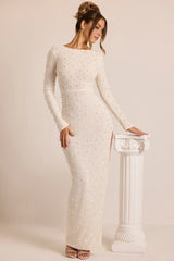 Kateproms Embellished Long Sleeve Backless Maxi Dress In White