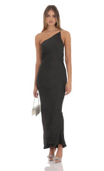 One Shoulder Pearl Satin Maxi Dress In Black