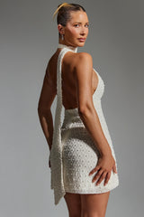 Embellished Scarf-Detail Halterneck Mini Dress In White