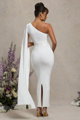 Amaryllis | White Maternity One Shoulder Maxi Dress With Cape Sleeve