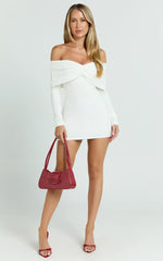 Rani Mini Dress Off Shoulder Long Sleeve Bodycon Dress In Off White