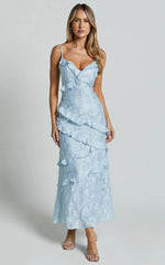 Michaela Midi Dress - Jacquard Ruffle Detail Tiered Dress In Light Blue