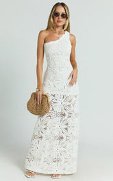 Charlene Maxi Dress - Crochet Knitted One Shoulder Maxi Dress In White